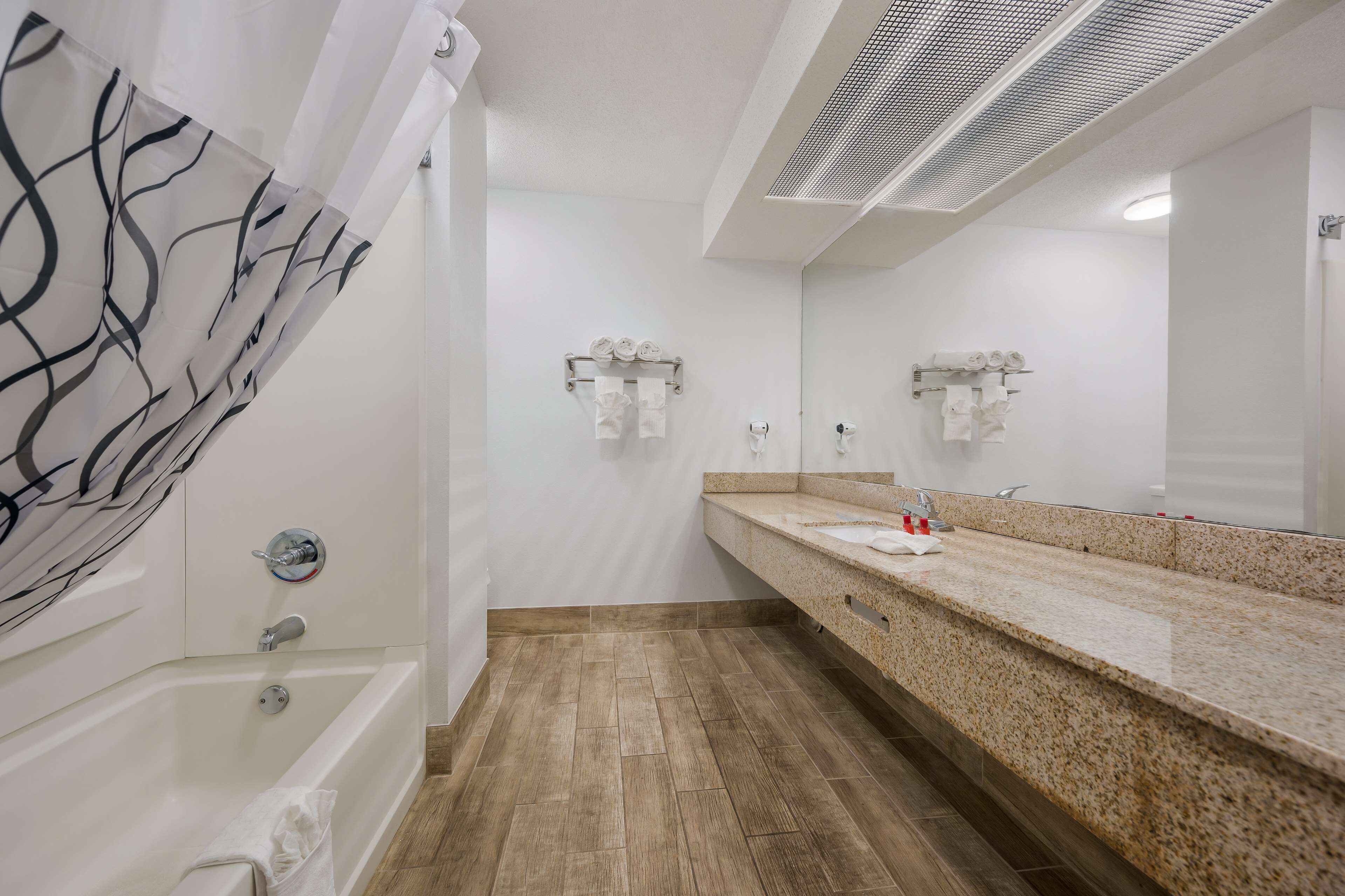 suite, 1 king bed, non smoking, refrigerator & microwave (with sofabed) | bathroom | hair dryer, towels, soap, shampoo