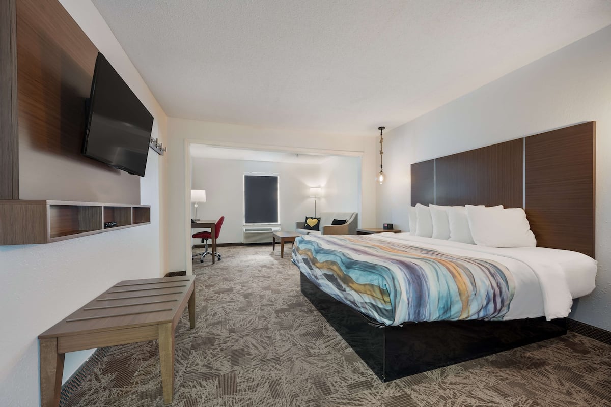 A hotel room with a bed, desk, chair, TV, and a large window.