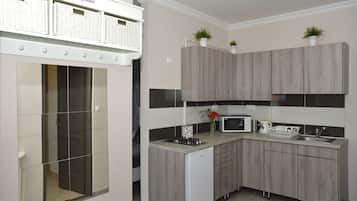 Fridge, microwave, stovetop, electric kettle