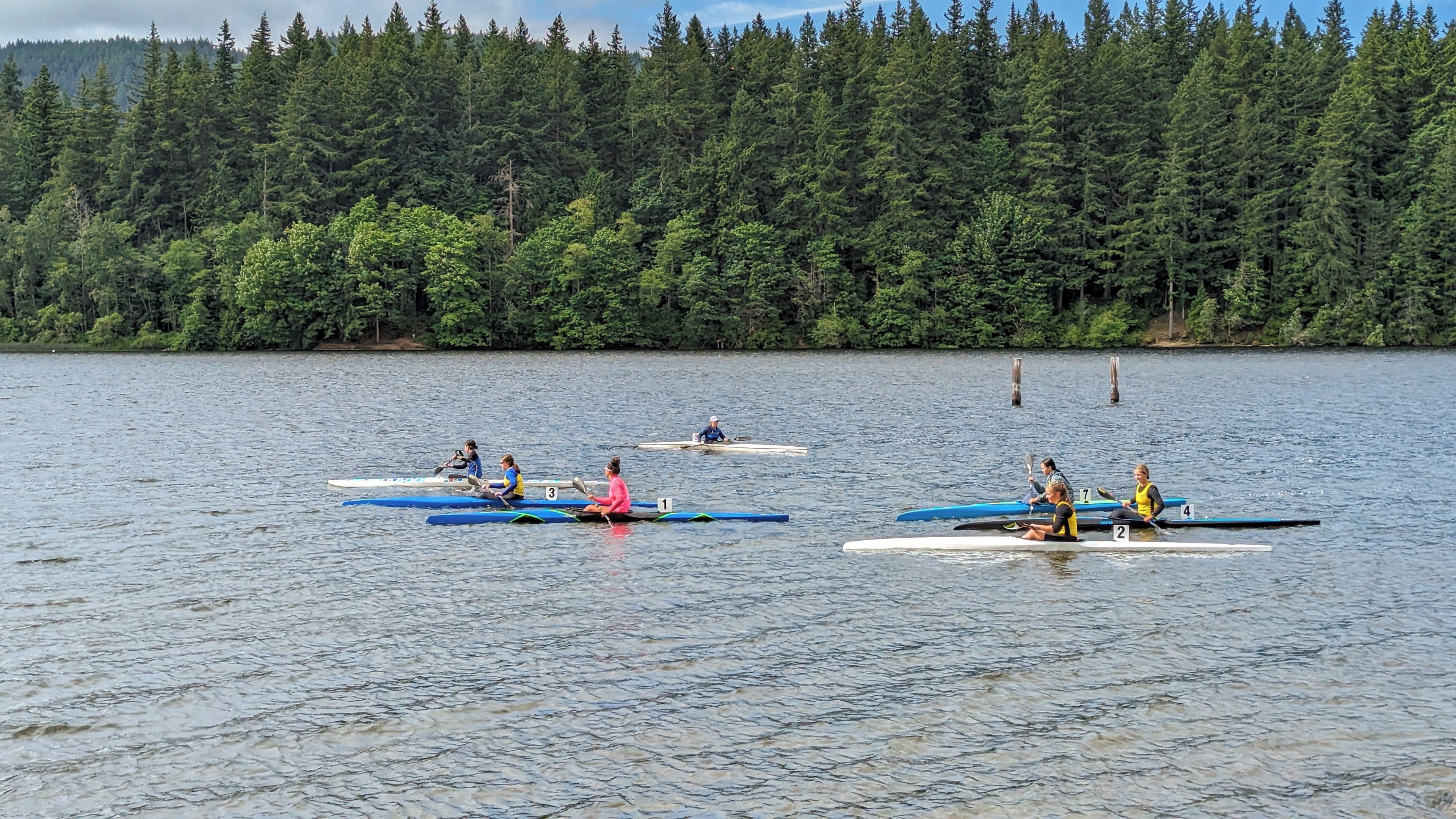 Un groupe de personnes pagayant dans des canoës sur un lac dont les rives sont bordées d’une forêt.