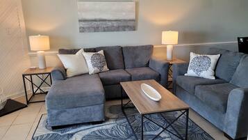 Smart TV, fireplace, books