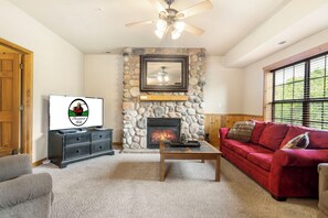Smart TV, fireplace, DVD player