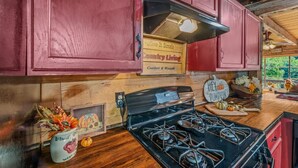 Private kitchen - Pondview Cabin - pond, log cabin, wifi, screen porch, deck, hiking, king bed (Berkeley Springs)