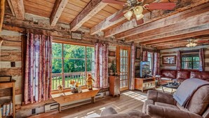 Living area - Pondview Cabin - pond, log cabin, wifi, screen porch, deck, hiking, king bed (Berkeley Springs)