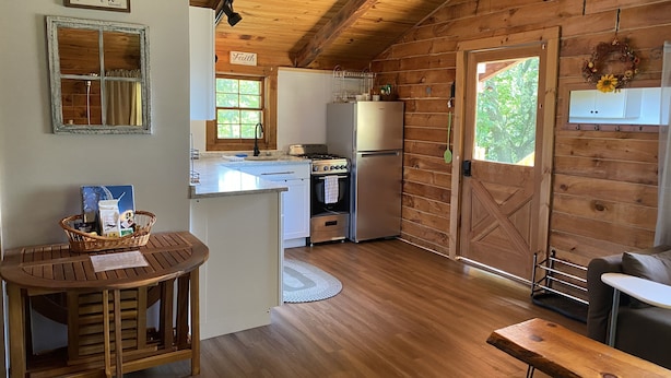 Interior rústico de una cabaña con cocina, comedor y una puerta de madera.