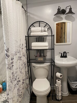 Dusche, Handtücher, Seife, Toilettenpapier