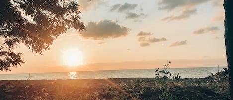 En la playa y camastros