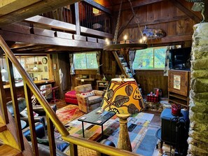 Smart TV, fireplace, books, stereo