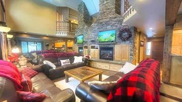 Smart TV, fireplace, DVD player, foosball