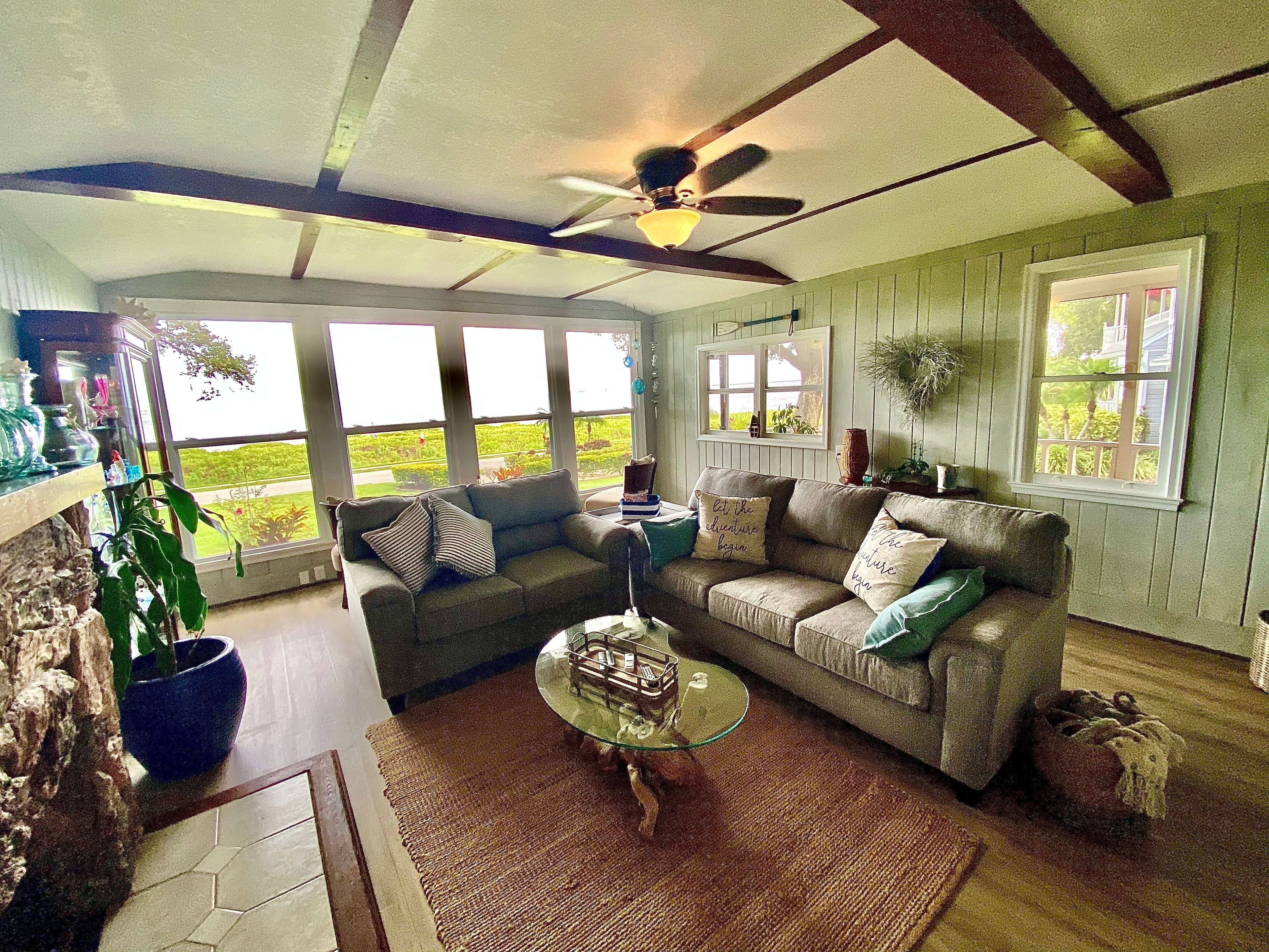 Smart TV, fireplace, books