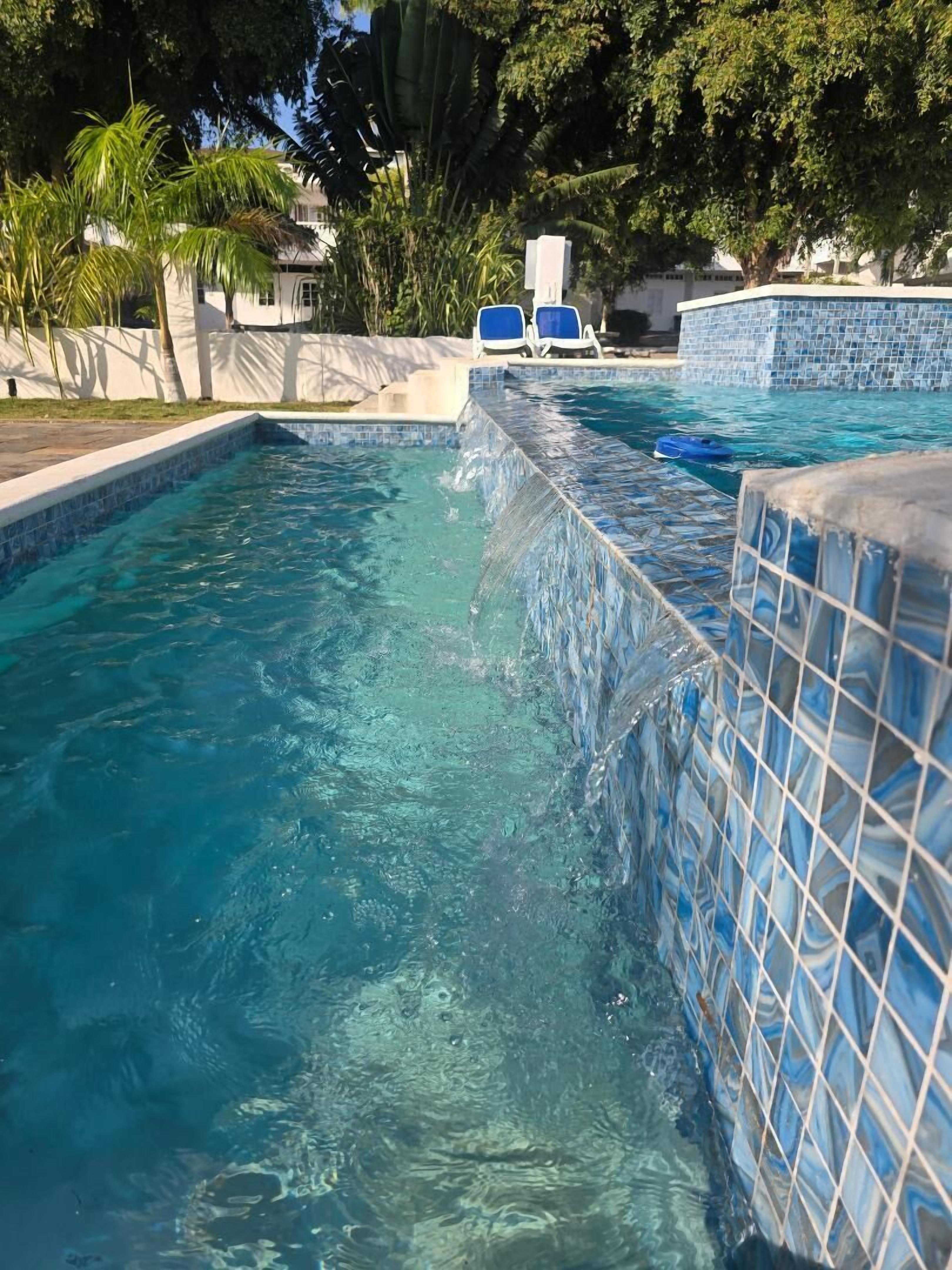 A clear swimming pool with blue tiles, surrounded by palm trees and a white wall.