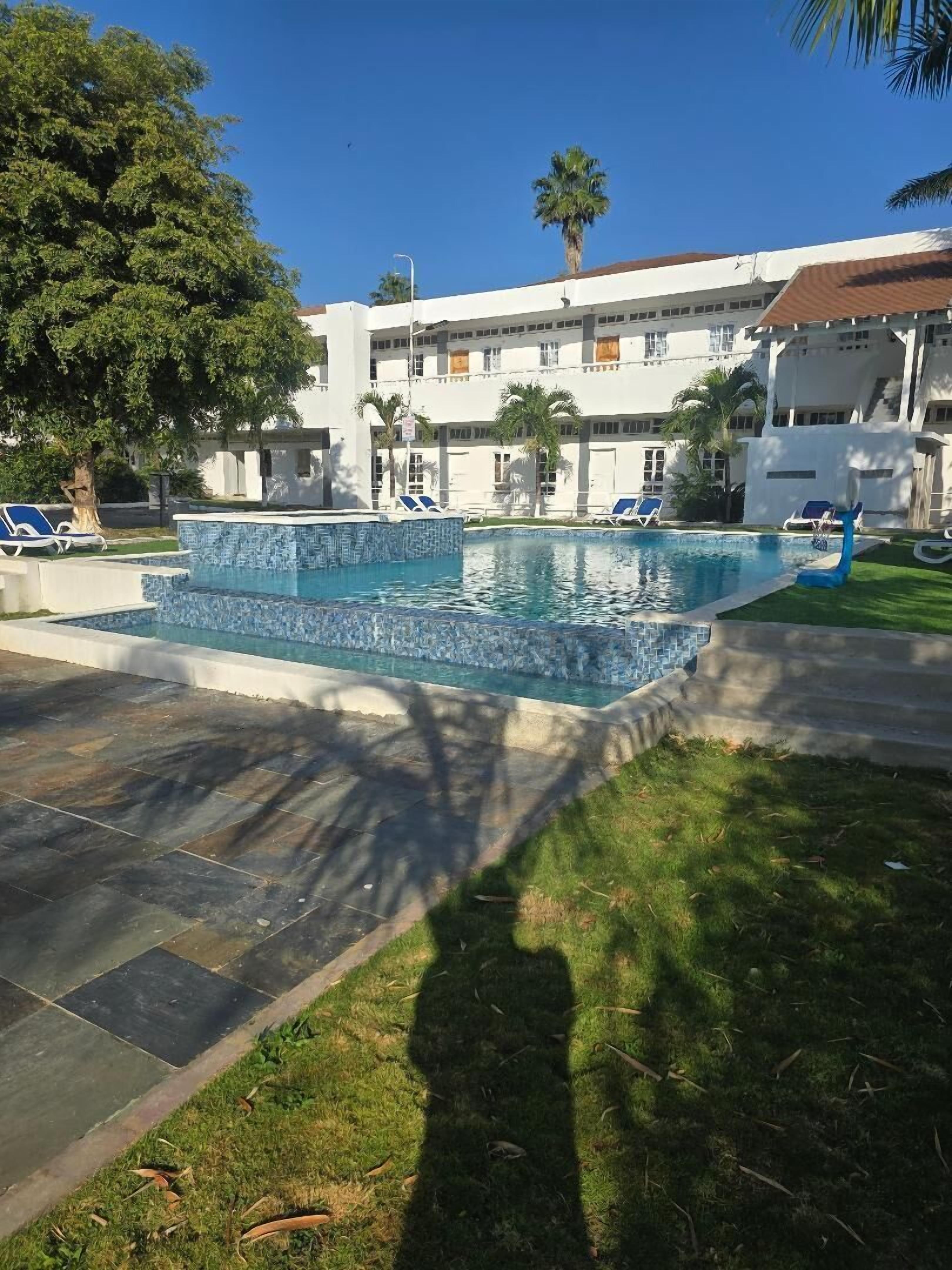 A swimming pool with a tiled edge, surrounded by grass and palm trees, with a building in the background.