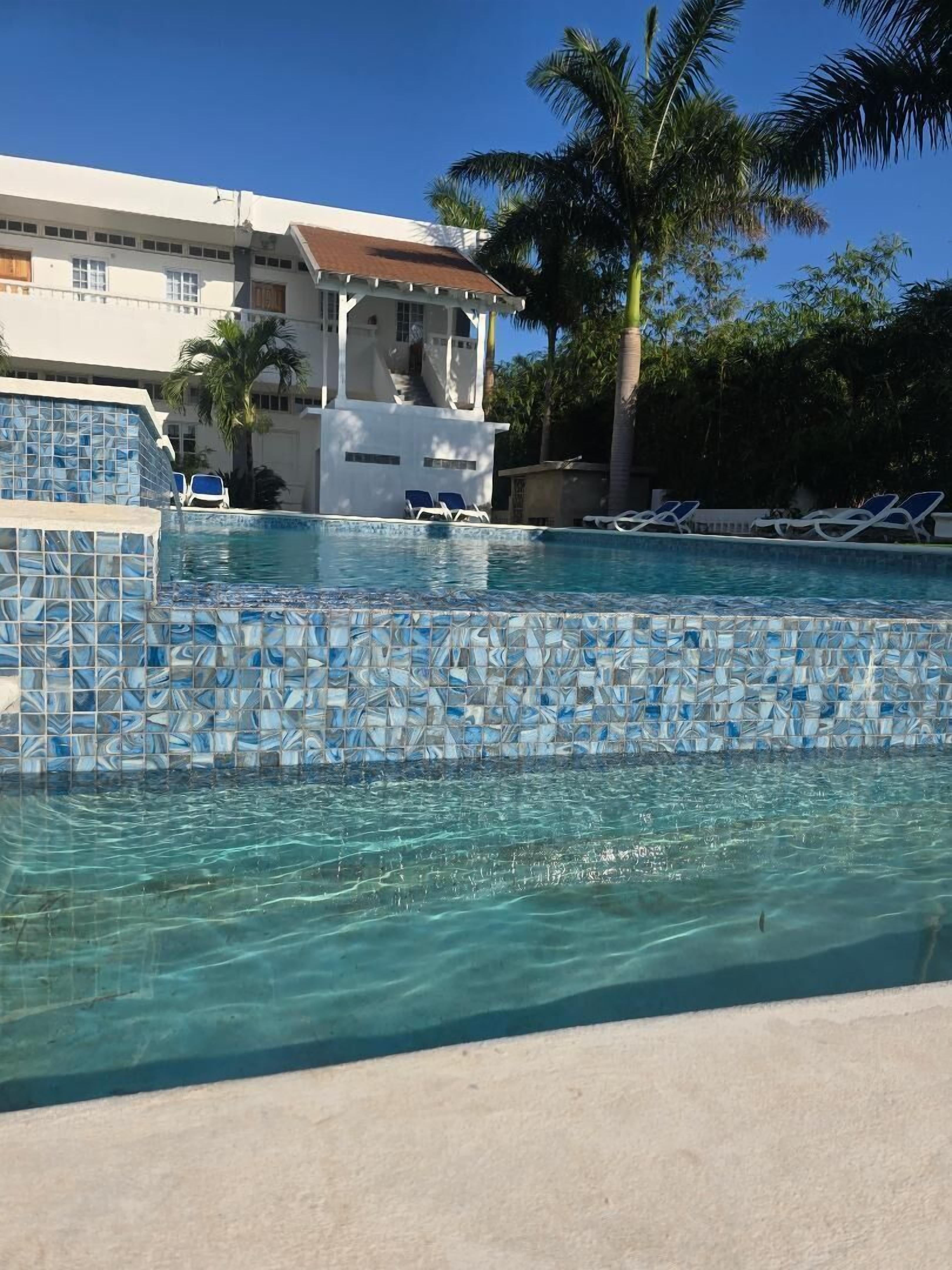 A clear pool with blue mosaic tiles, lounge chairs, and a palm tree.