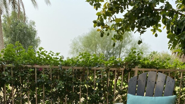 Een terras met een ronde houten tafel, twee stoelen en een decoratieve vaas.