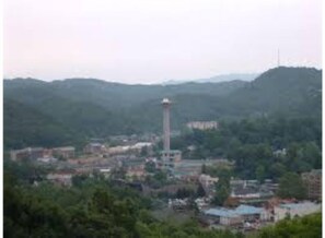 Surrounded by lush hills and greenery, this charming town boasts a prominent tower at its center.