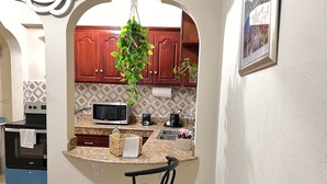 Cocina con microondas, estufa y lavabo. Hay un taburete de bar y una planta colgante.