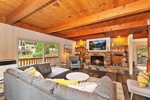 TV, fireplace, books, offices