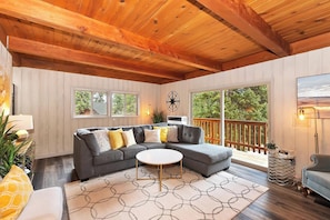 TV, fireplace, books, offices
