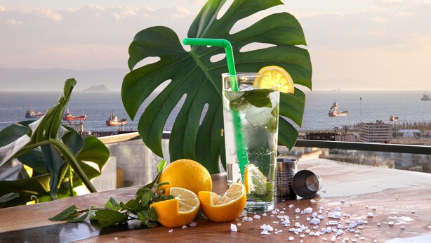 Un bicchiere di bevanda ghiacciata con una cannuccia verde, una fetta di limone e foglie di menta, con vista sul mare e su navi sullo sfondo.