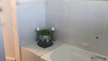 Un baño con bañera, inodoro y lavabo. Hay una planta pequeña en la encimera.