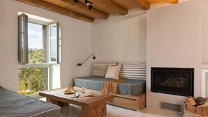 Ein gemütliches Zimmer mit einer Couch, einem Holztisch, einem Kamin und einem großen Fenster mit Blick auf Bäume.