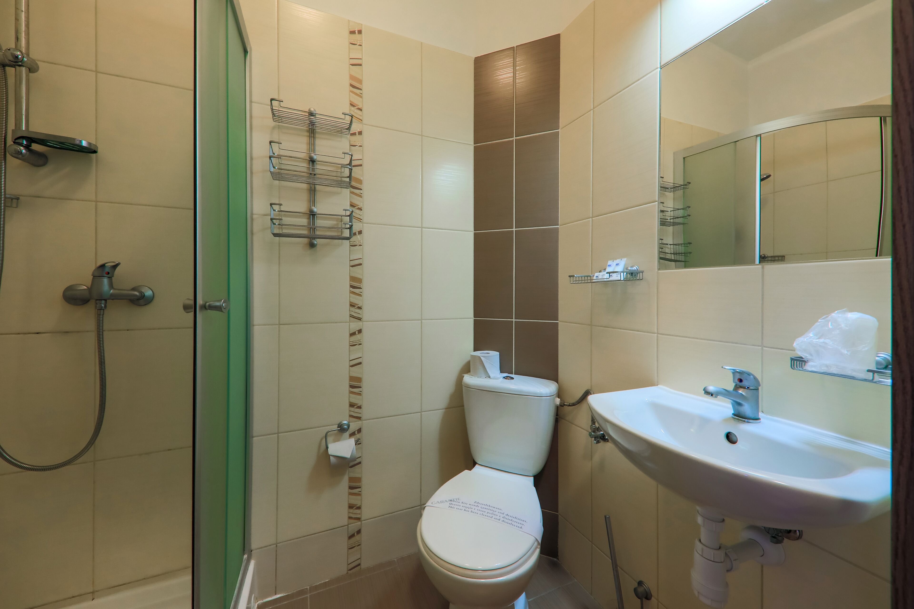A bathroom with a glass-enclosed shower, a toilet, and a sink with a mirror above it.