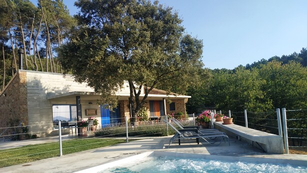 A pool area with a stone building, a tree, and a view of a forested hillside. - Madre del Agjua Rural House. Finca El Robledillo. (MONESTERIO)