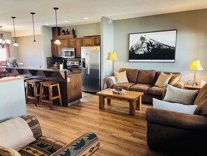 Télévision, cheminée, lecteur de DVD, espaces bureaux