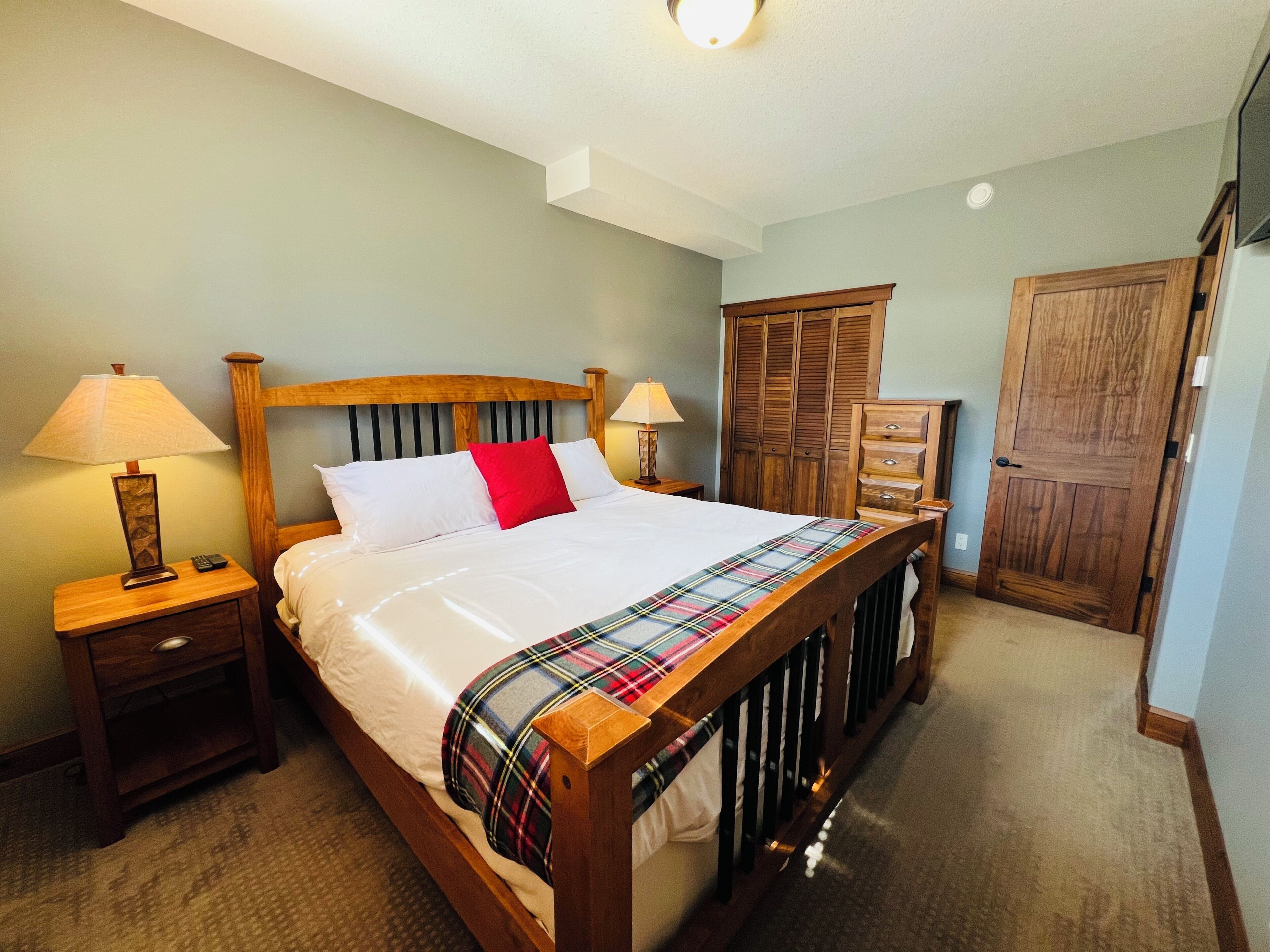 Master Bedroom with King bed, closet, TV and ensuite full bathroom.