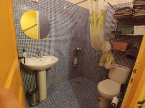 Regadera, secadora de cabello, toallas, jabón 