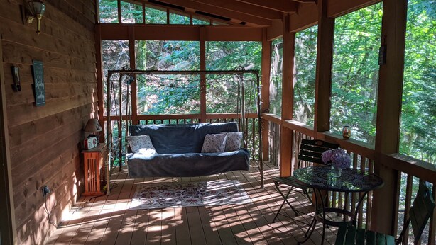 A wooden deck with a sofa and a table, surrounded by large windows offering a view of a forest.
