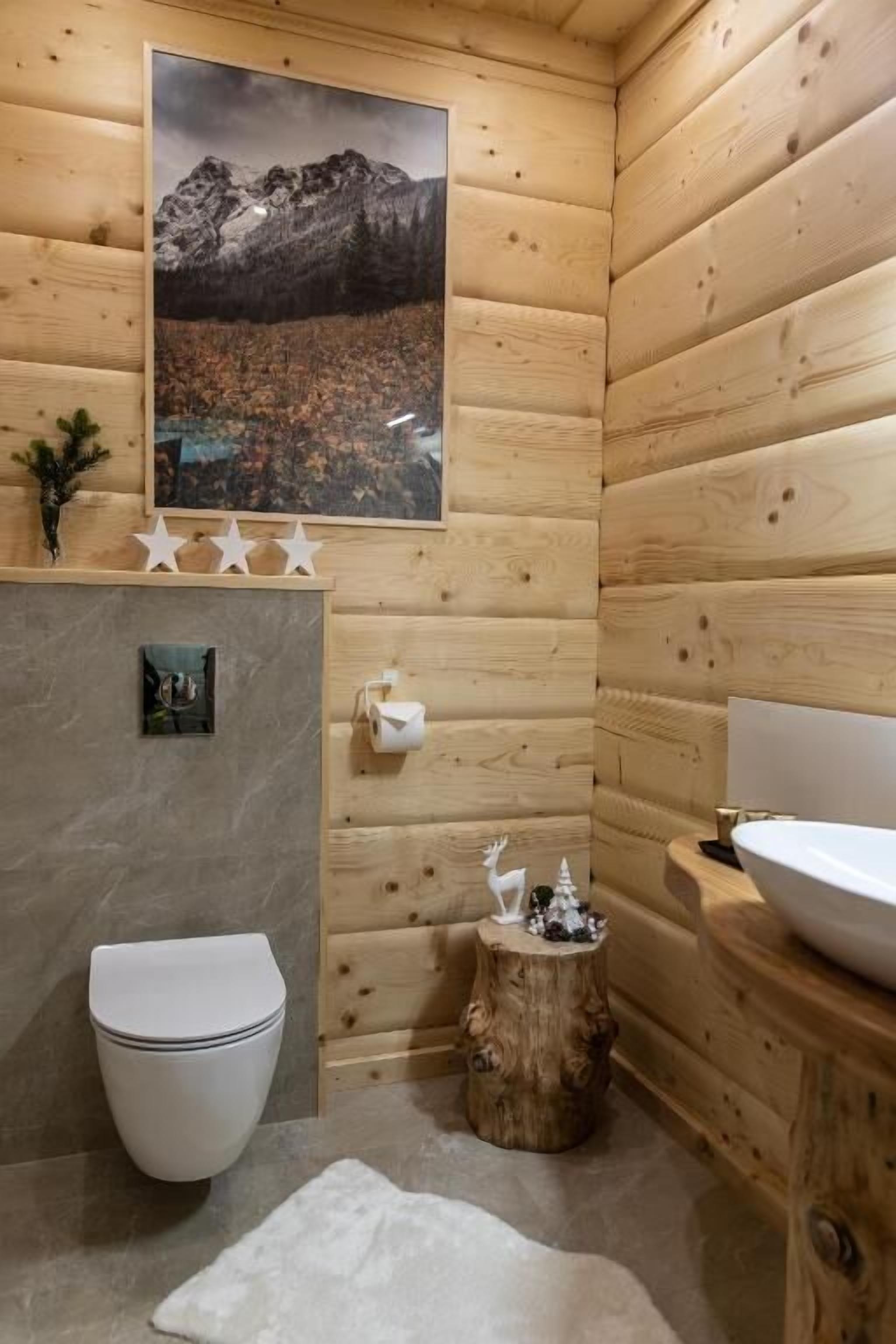 Une salle de bain rustique, aménagée dans une cabane en bois, avec des toilettes, un lavabo et un tableau représentant des montagnes.