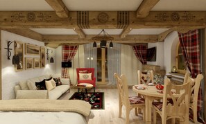 Suite estudio romántica (Apartament Karminowy) | Área de sala de estar | Televisión de pantalla plana y juguetes 