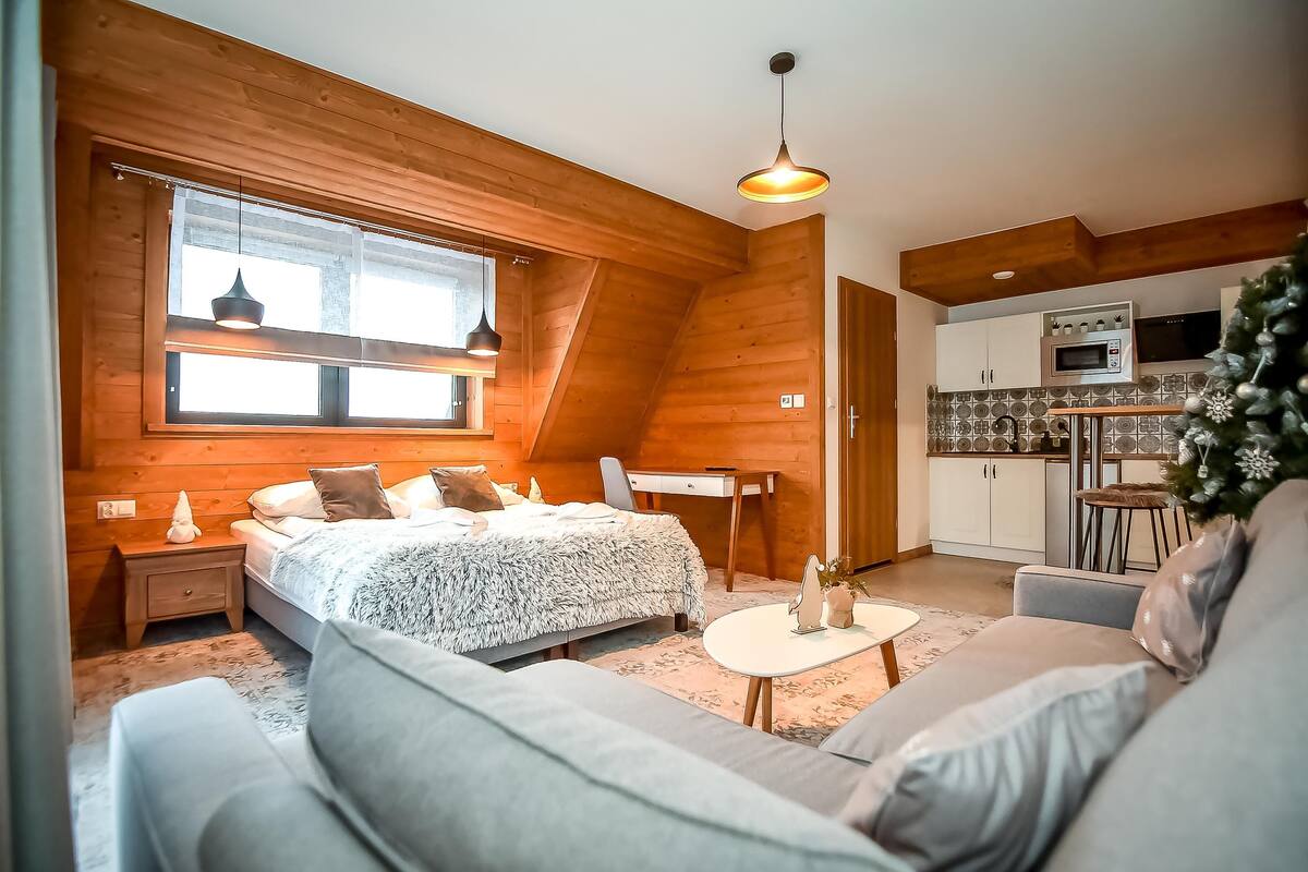Un dormitorio acogedor con una cama grande, un escritorio y una kitchenette al fondo.