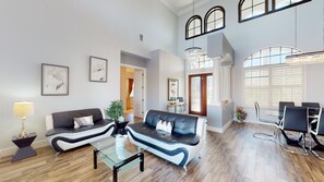 Smart TV, fireplace, DVD player, books