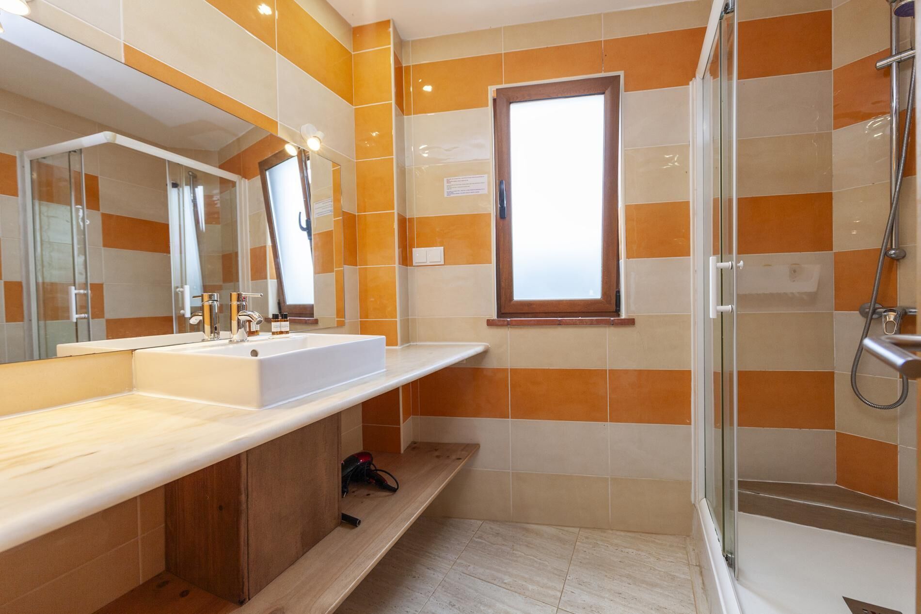 Shower, hair dryer, towels