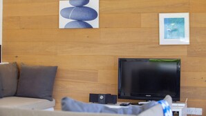 Un soggiorno con una TV a schermo piatto, un divano e due cuscini.