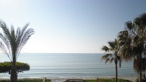 Vista do oceano saindo de um resort, com palmeiras e uma cobertura de palha.