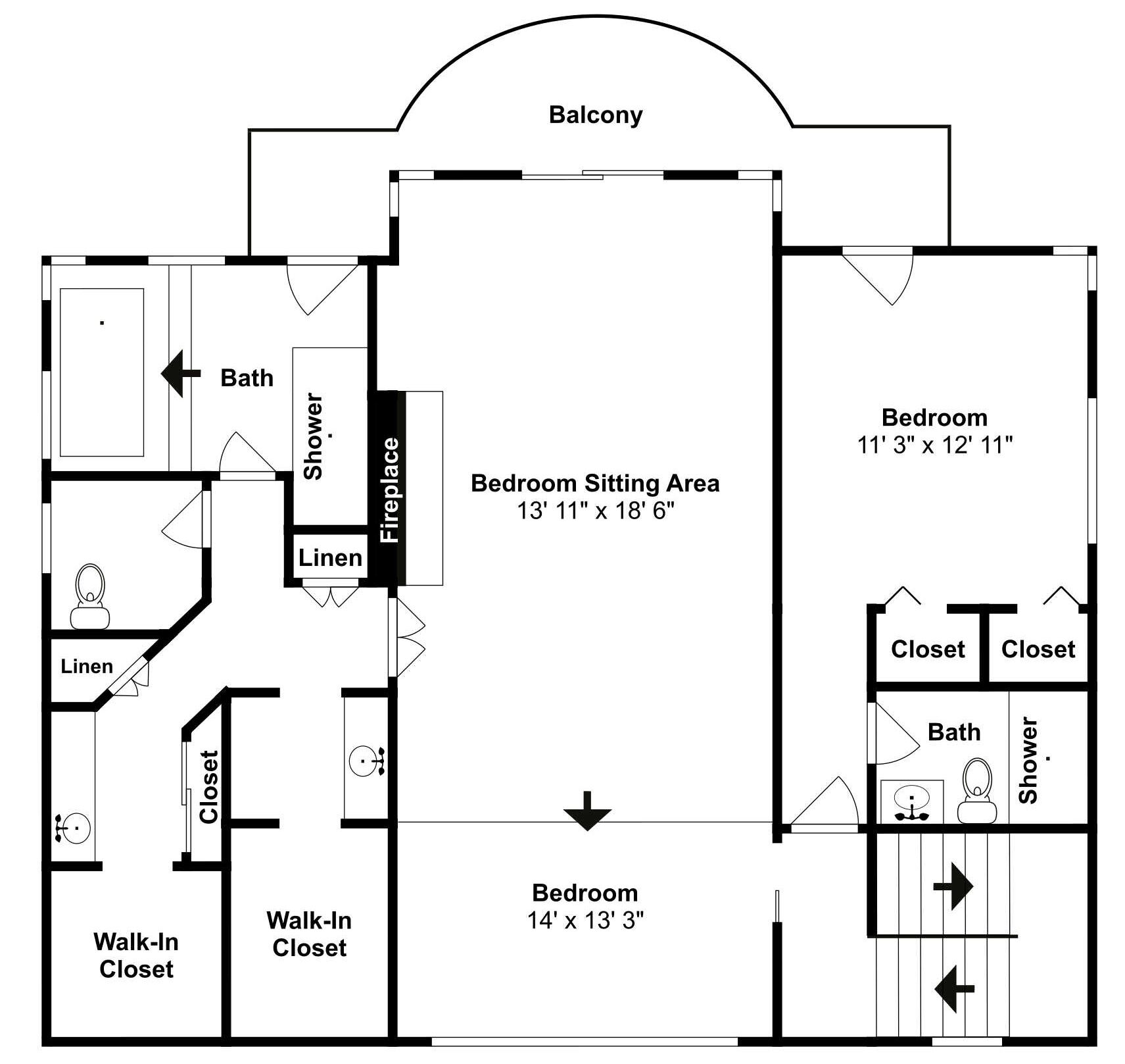 Plano de planta con dos dormitorios, un balcón, un baño, un armario de ropa blanca y un vestidor.