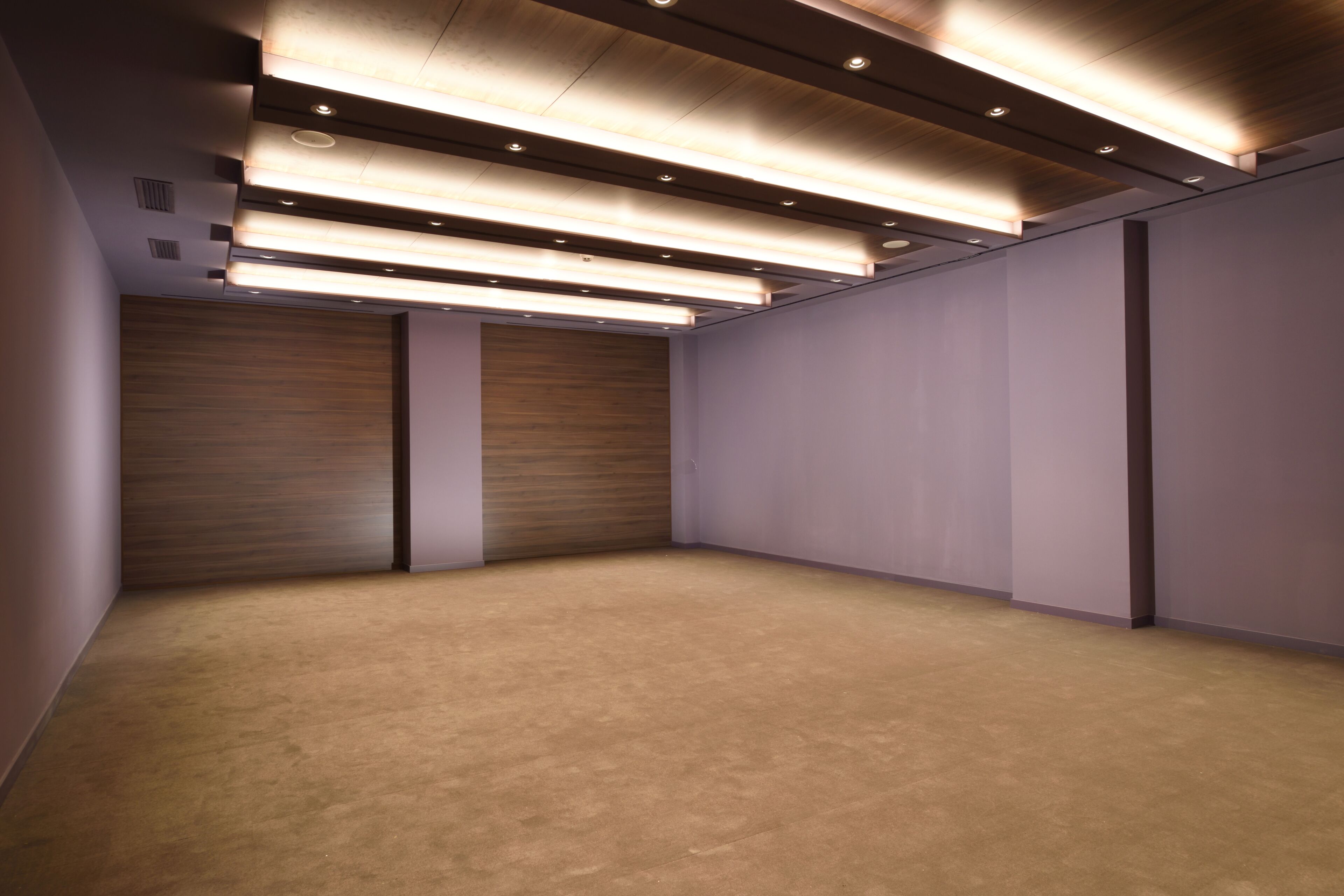 A spacious room with a carpeted floor, wooden panel walls, and recessed lighting.