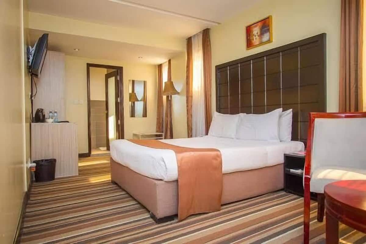A hotel room with a large bed, a desk with a chair, a TV mounted on the wall, and a window with curtains.
