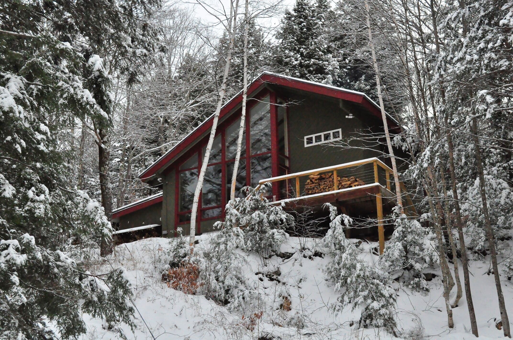 A cabin with a red roof and large windows, surrounded by snow-covered trees.