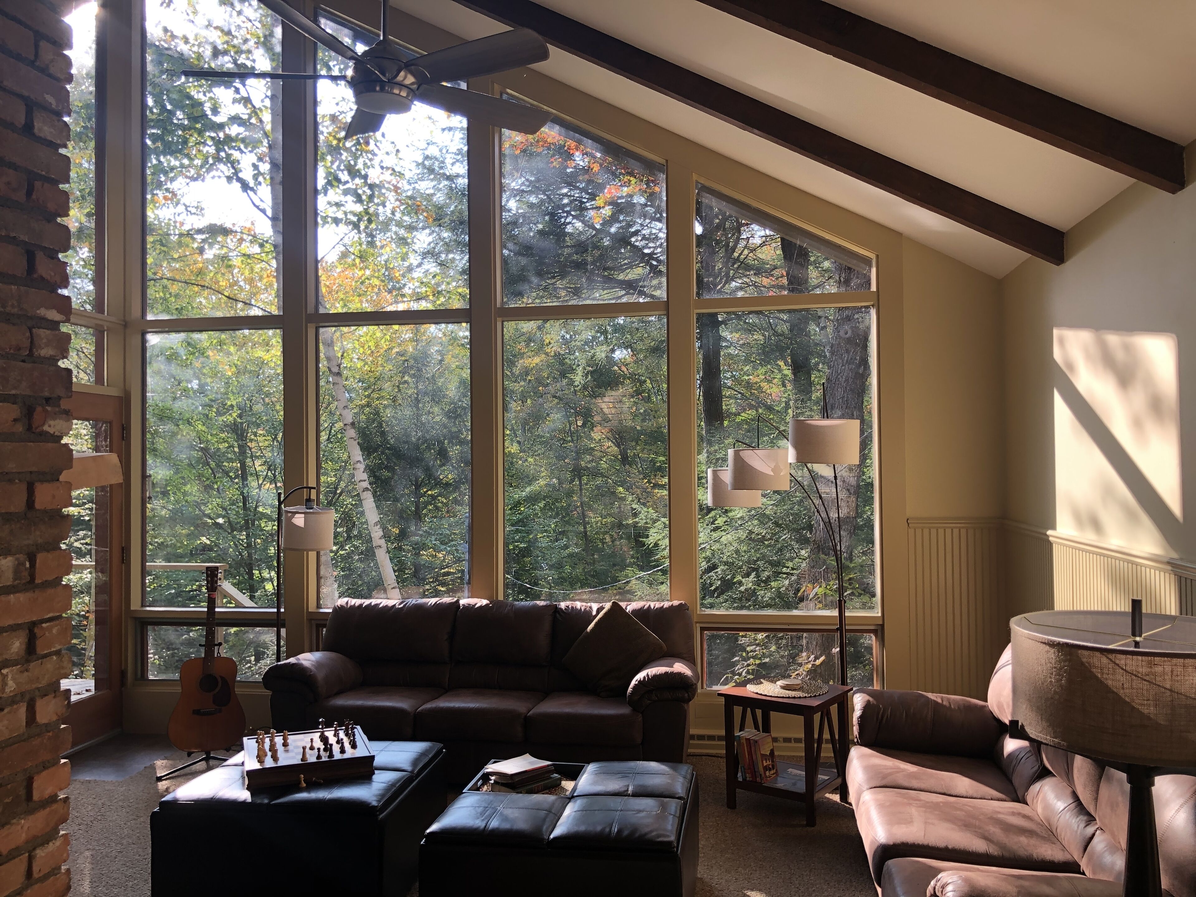 Smart TV, fireplace, books