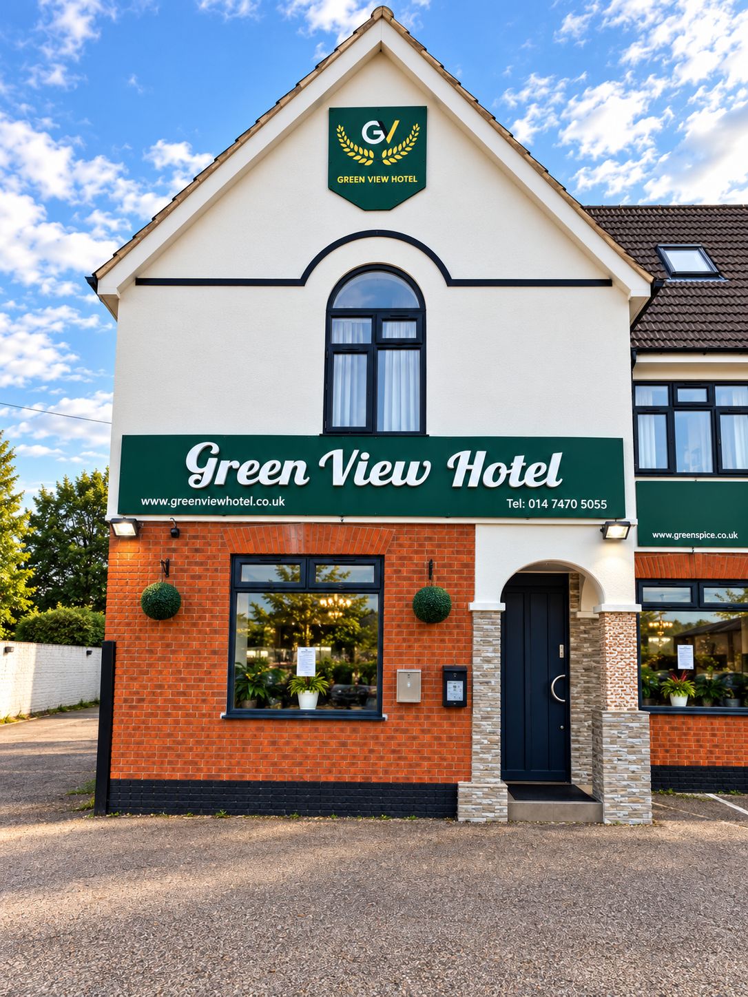 Un edificio de dos pisos con un letrero que indica el Hotel Green View, que incluye una dirección web y un número de teléfono.