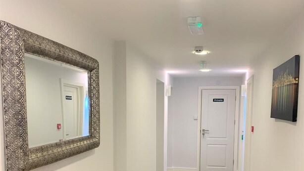 A hallway with a striped carpet, a mirror with a decorative frame, a vase with flowers, and a private door at the end. - Green View Hotel Near Dartford (Dartford)