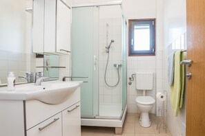 Bathroom features a glass-enclosed shower, sink, and toilet.