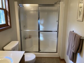 Combined shower/tub, hair dryer, towels, shampoo