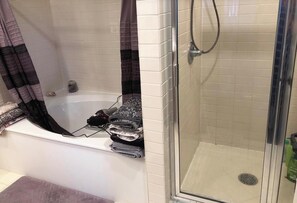 Hair dryer, towels, soap, shampoo