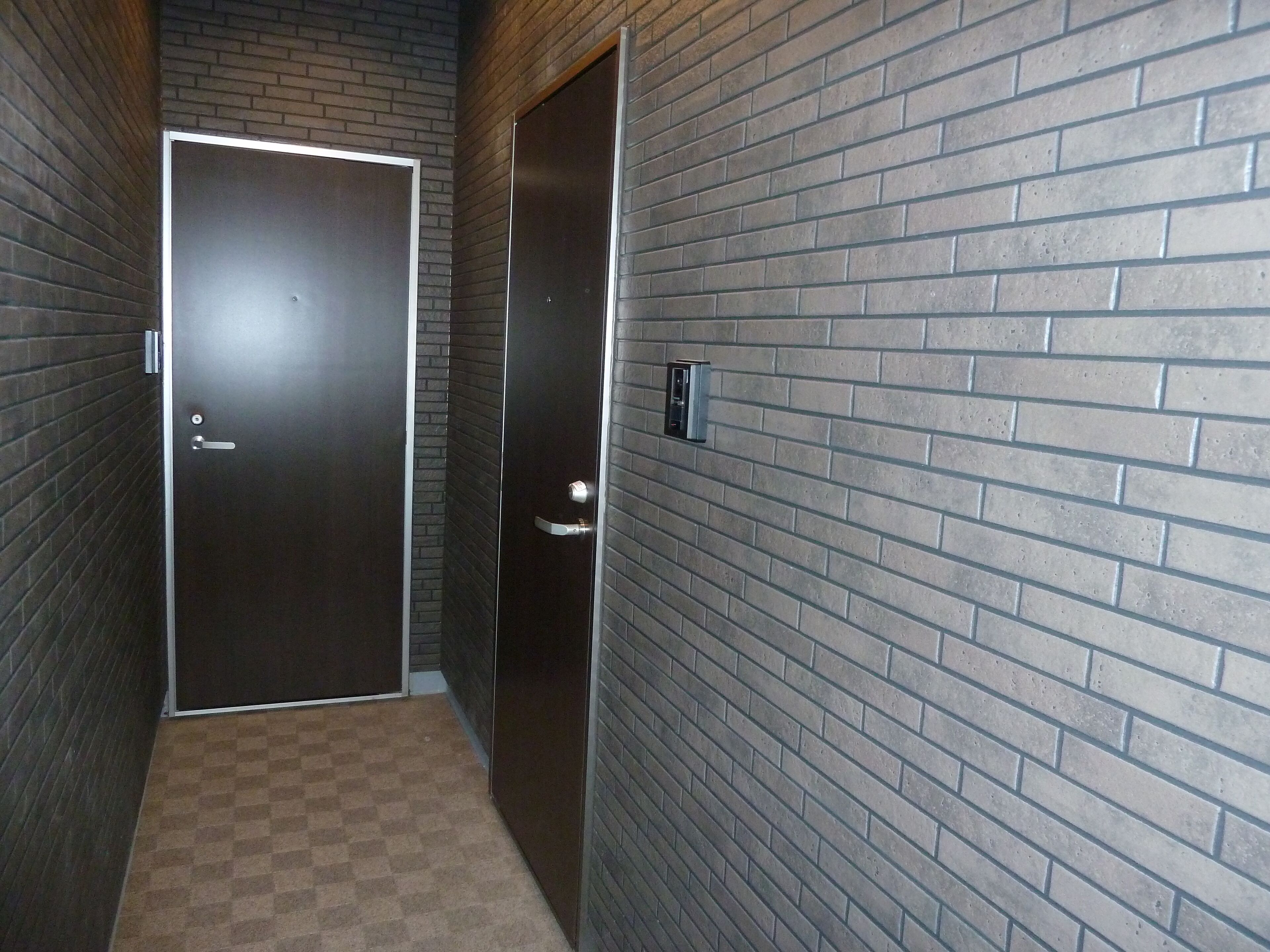 Un pasillo estrecho con alfombra a cuadros, una puerta de madera oscura y una pared de ladrillo con timbre.