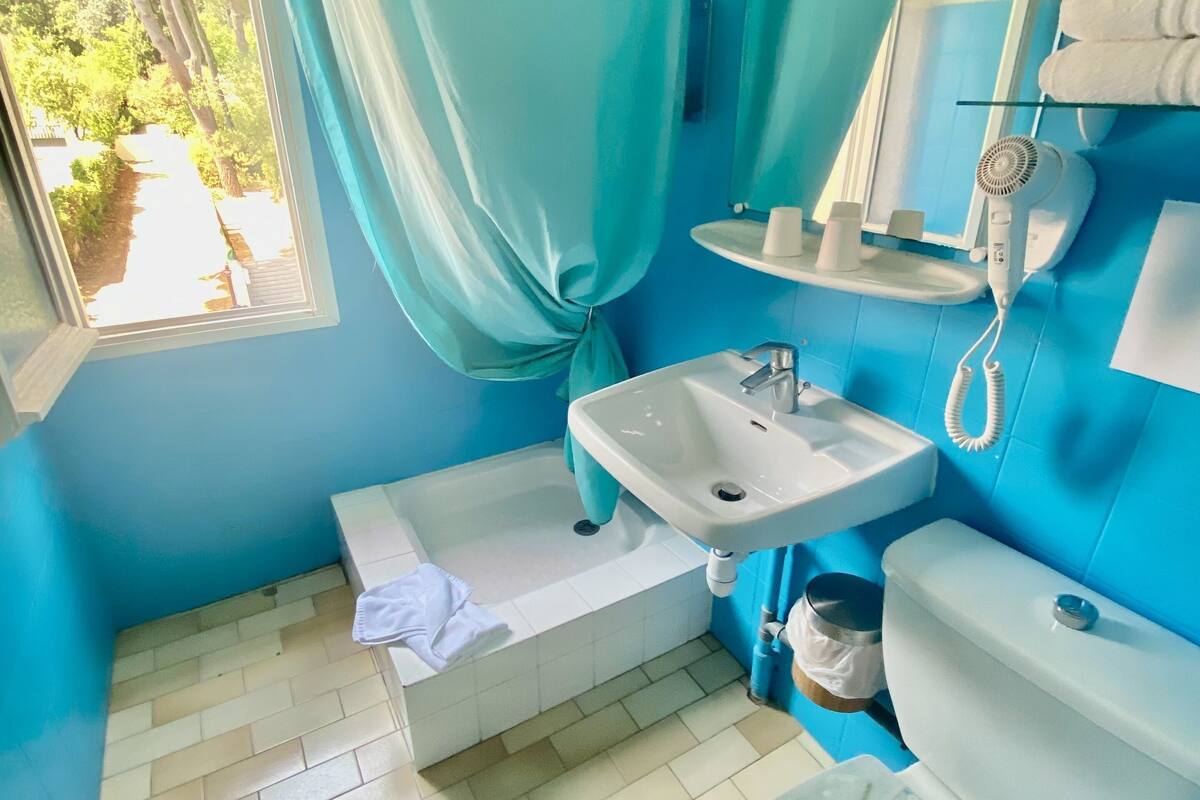 shower, free toiletries, hair dryer, towels